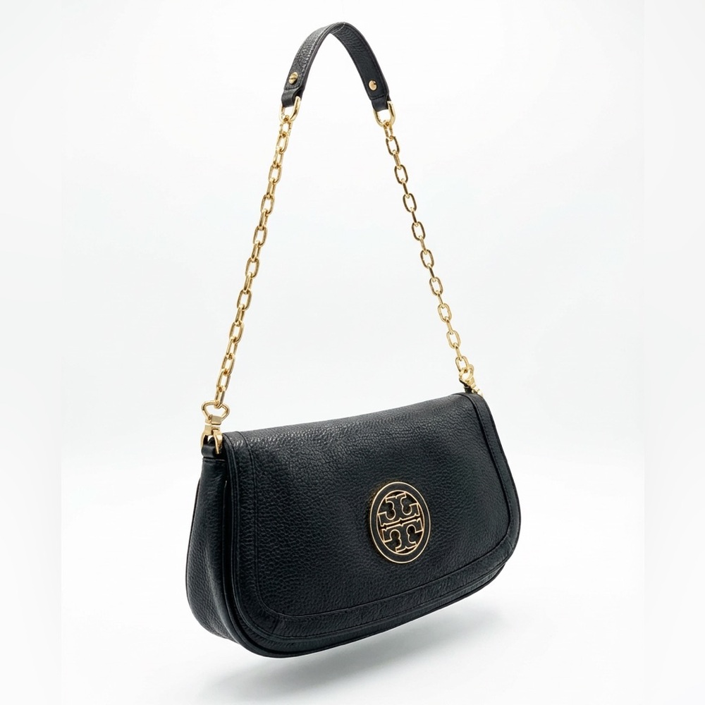 Tory Burch Amanda Logo Black Pebble Leather Gold Chain Clutch Purse Bag